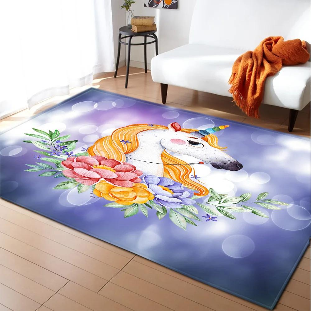 Kids Cartoon Unicorn Carpet Fantasy Animal Crawling Mat Doormat Living Room Area Rug Rainbow Shiny Girls Bedroom Soft Floor Mats