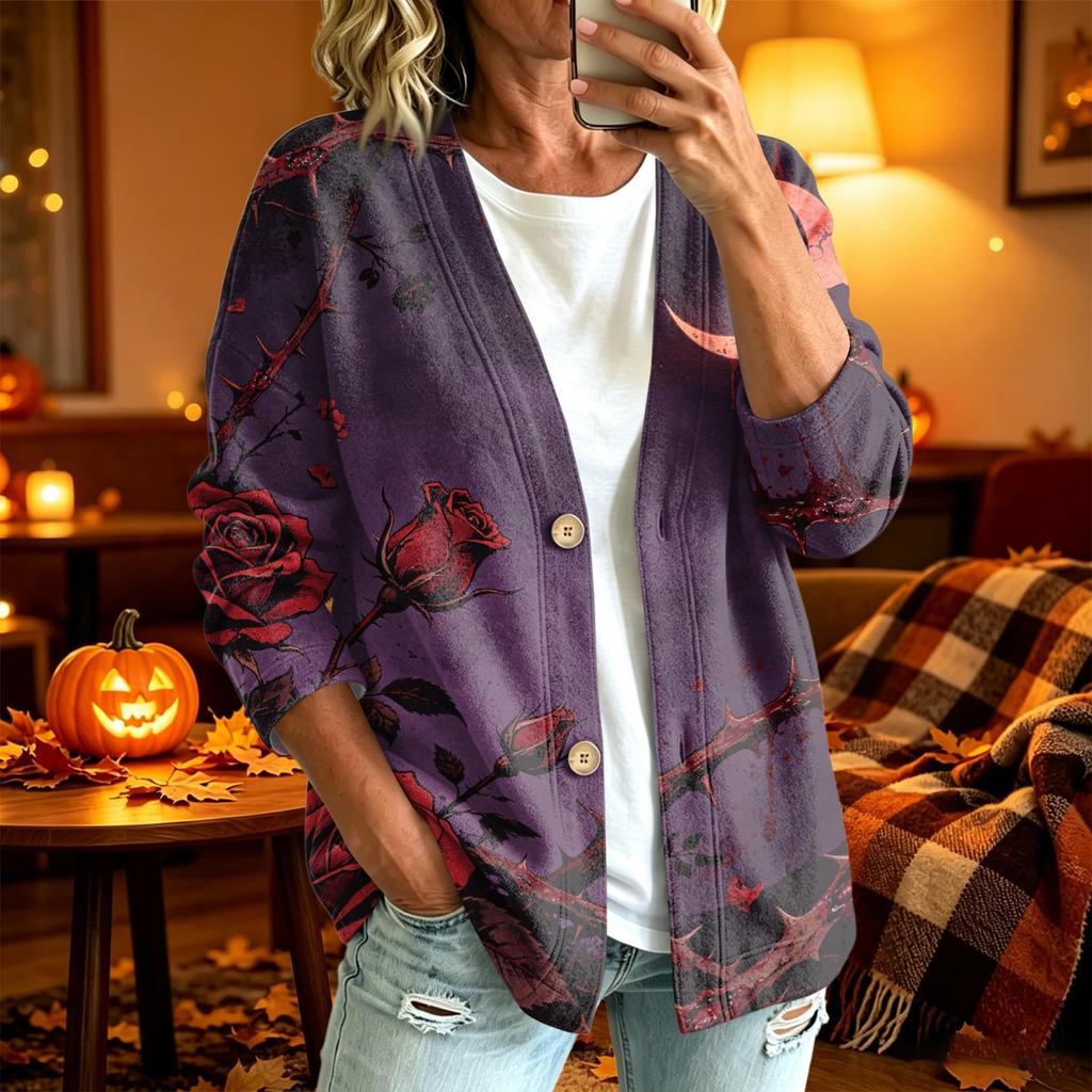 Women's Casual Long Sleeve Jacket with Halloween Print for Fall Daily Wear