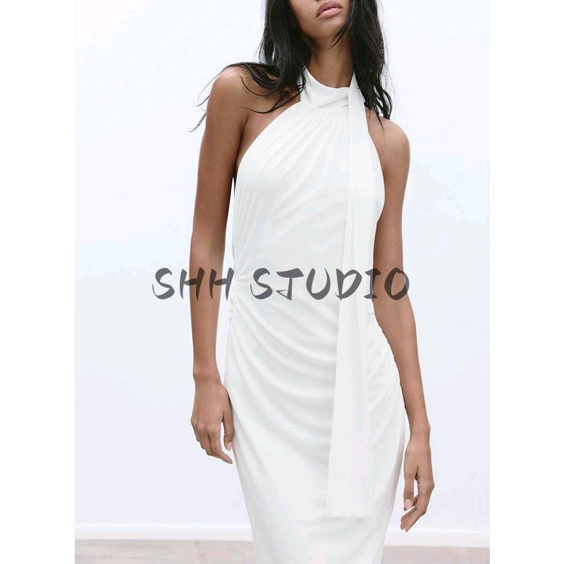 Spring New Women's Clothing Fashion Wind Hanging Collar Bowknot Decoration Open Back Midi Skirt Dress 2180374