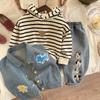2025 Boys' Striped Jacket & Casual Hoodie Set - Korean Style Spring/Autumn Three-Piece for Children