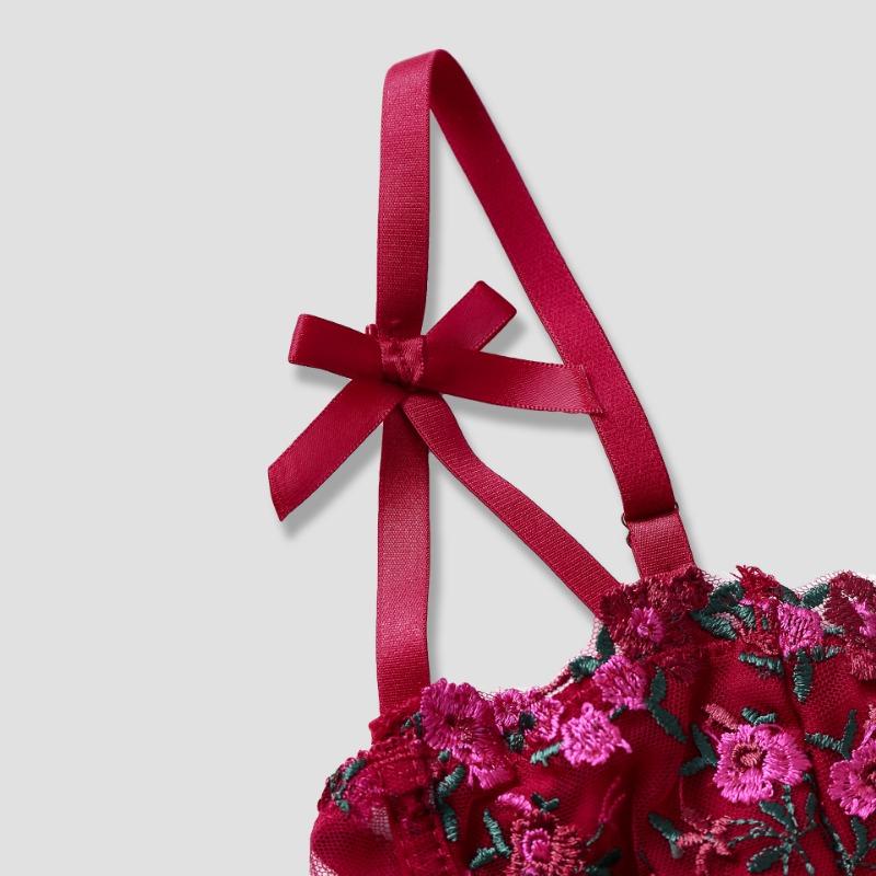 Rotes floral besticktes Korsett-Oberteil mit Schleifen-Trägern
