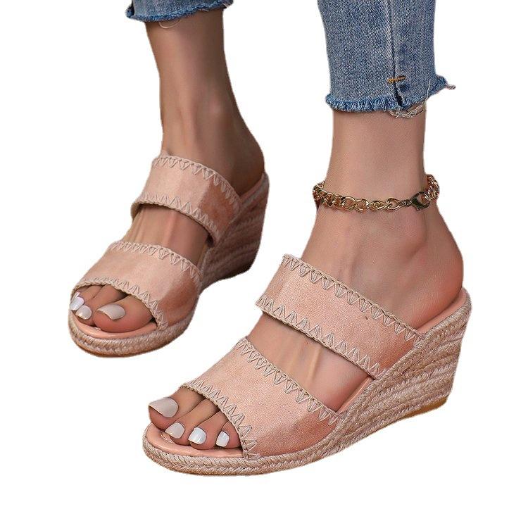 European and American large-size hemp rope slope heel slippers women's 2025 summer new retro trend thick bottom with slippers