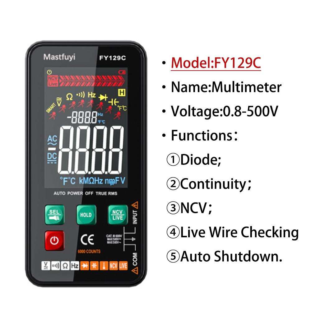 Farbdisplay Digitales Multimeter FY128C/129C 5999 T-RMS Professioneller Elektriker-Tester DC AC Spannung Kapazität Multimeter