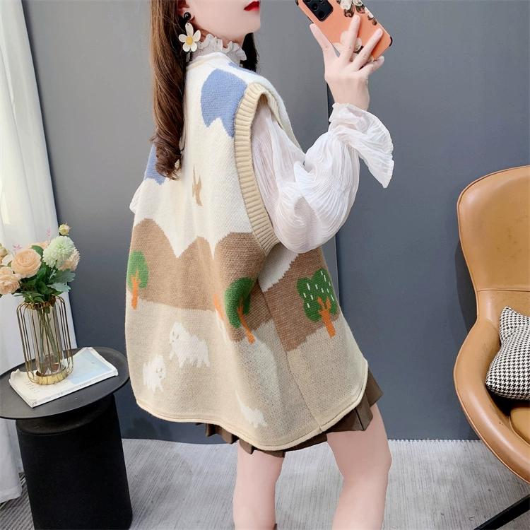 Autumn Women Sleeveless Buttons Vest Printing Sweaters Knitting Casual Style Loose Pink Sweater