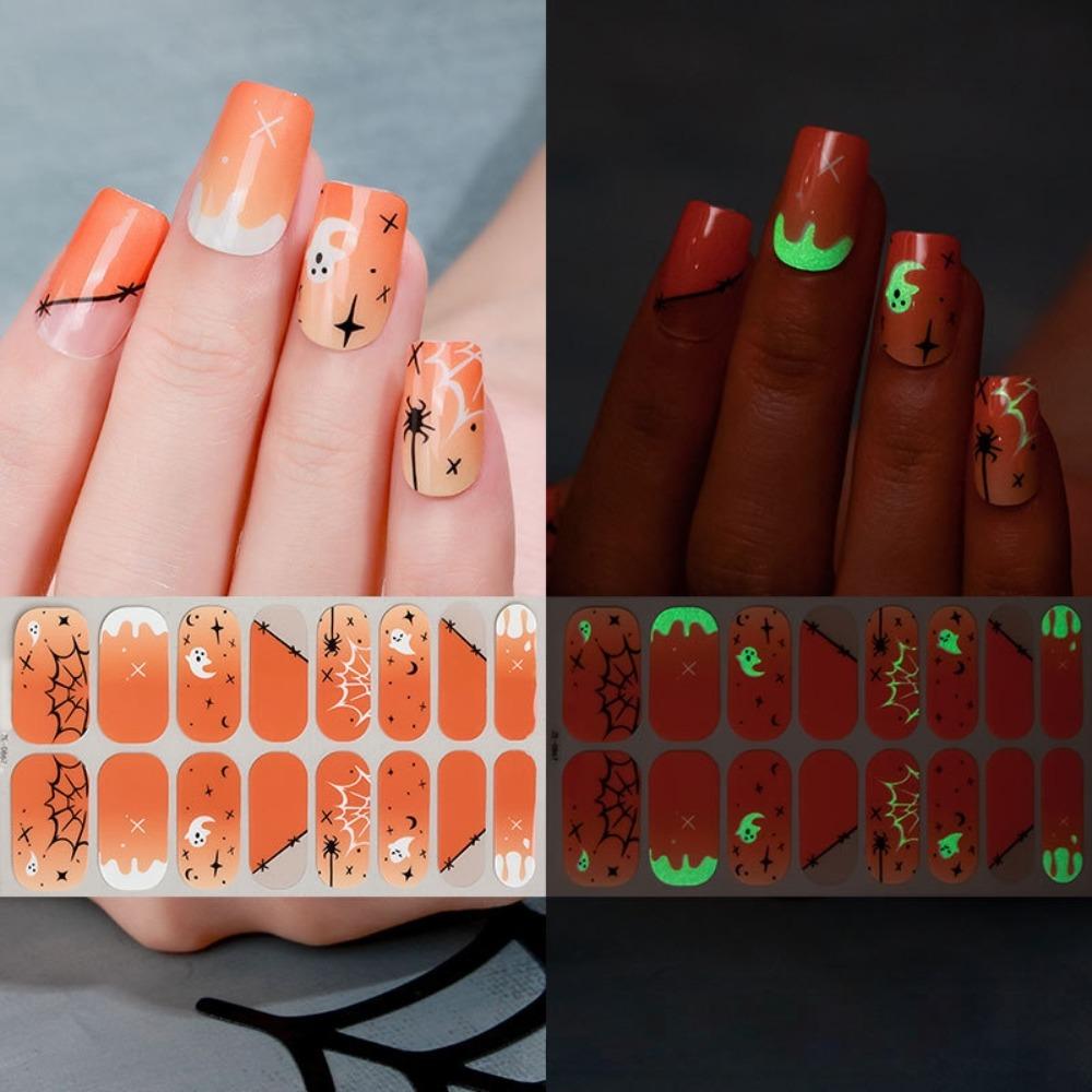 Bloodstain Halloween Luminous Nail Sticker Pumpkin 16 Fingers Set Nail Polish Sticker Beauty Care
