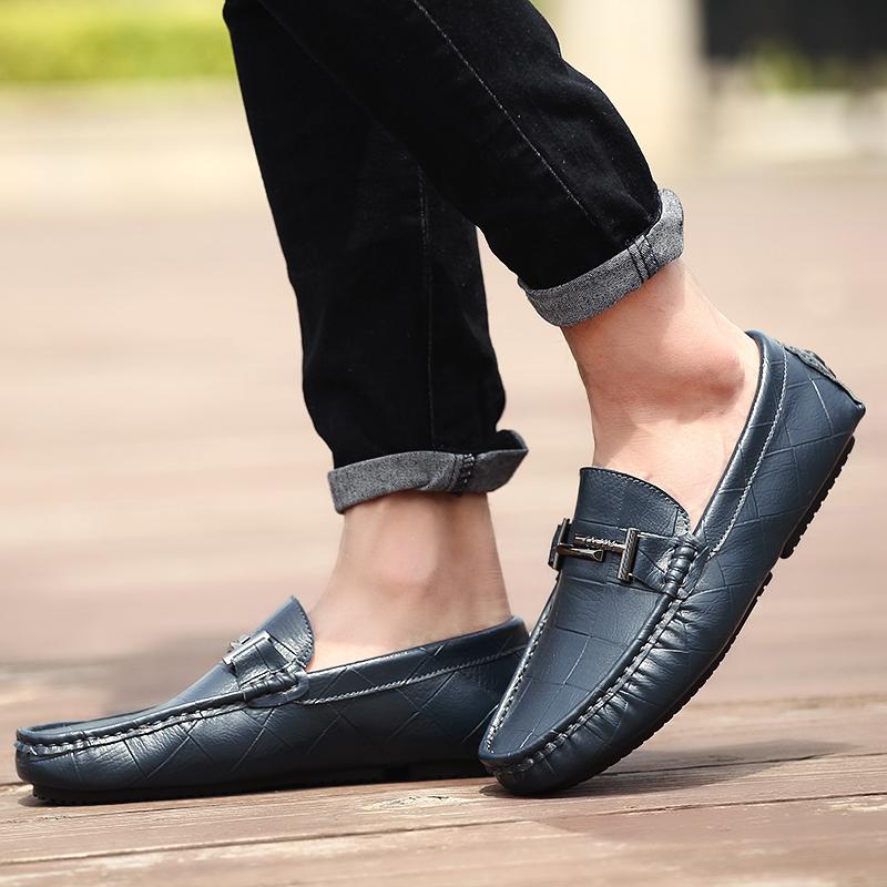 Divatos férfi mokaszinok Puha KÜLTÉRI Kiváló minőségű kényelem Kézzel varrott cérna Cipők Férfi Lapos Vezetőcipők kék Puha Összecsukható Babcipők