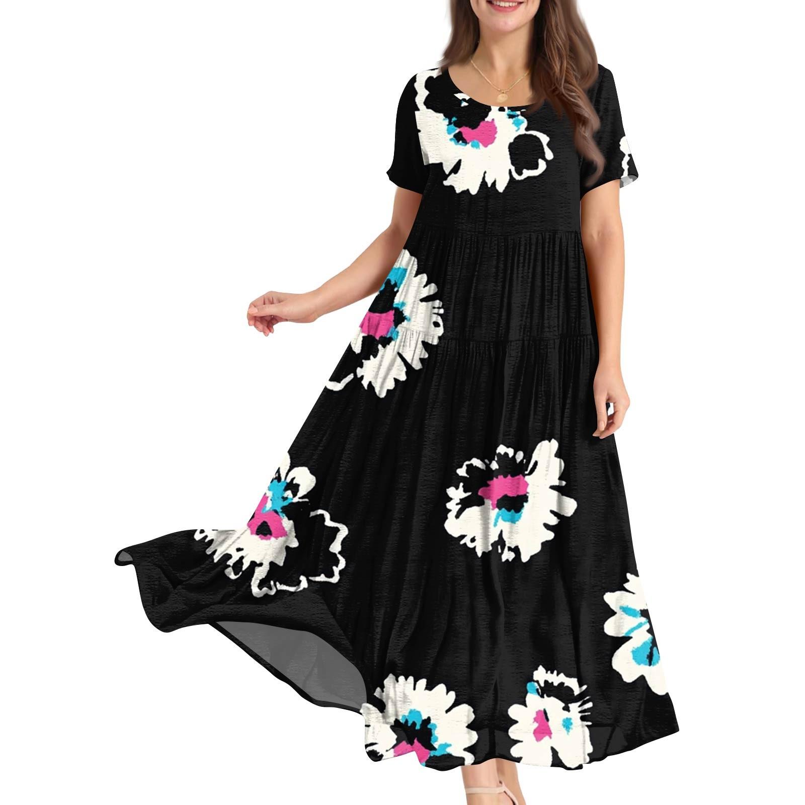 

Женские летние свободные платья в стиле бохо с круглым вырезом и коротким рукавом с цветочным принтом L чёрный