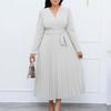 D419 Women's V-Neck Long-Sleeve Tie-Up Solid Color Slim Pleated Plus-Size Dress