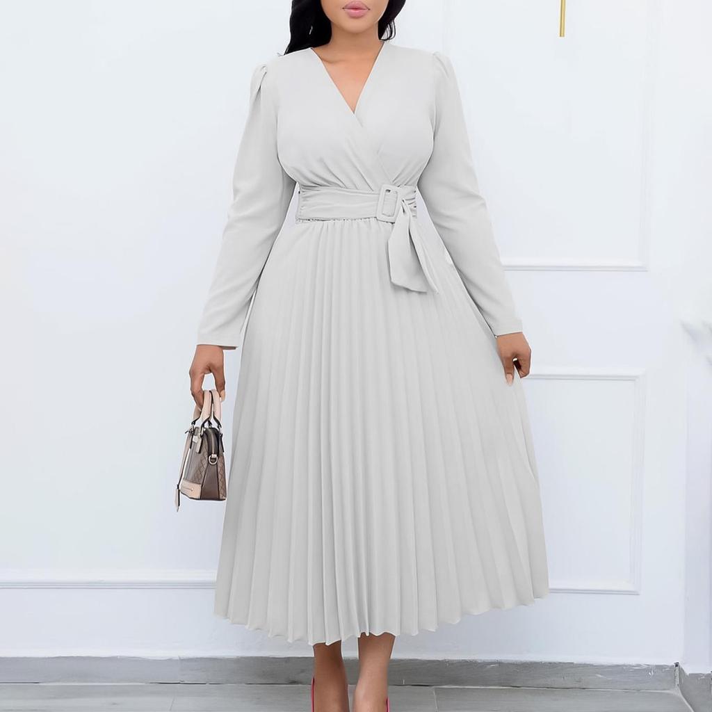 D419 Women's V-Neck Long-Sleeve Tie-Up Solid Color Slim Pleated Plus-Size Dress