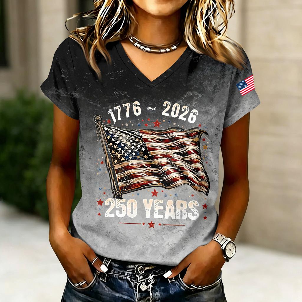 Women's Casual V Neck Short Sleeve T Shirt 250 Years Letter Print Top 1776 2026 American Flag Sleeve Detail Summer Tee