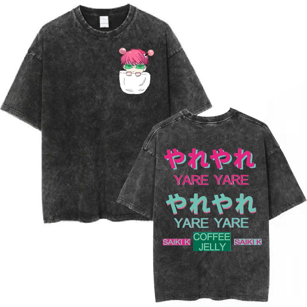 Anime The Disastrous Life of Saiki K Vintage Washed Short Sleeve TShirt Saiki Kusuo Fashion Harajuku Hip Hop Casual Tee Shirts