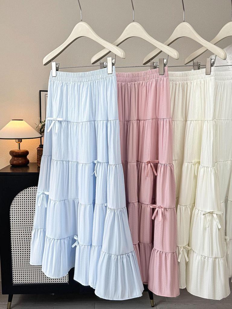 Drapey A-line Bow High Waist Cake Skirt - Women's Mid-length Slimming Skirt for Spring/Summer 2026