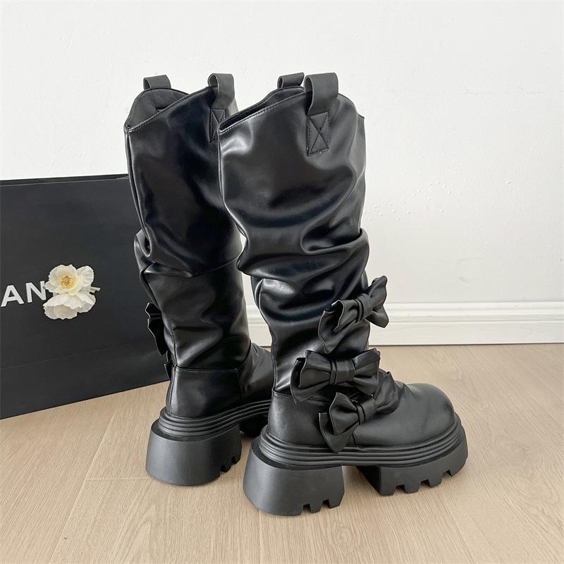 

Women Knee High Boots 2026 Autumn New Platform Thick Bottom Retro Wrinkle Bow Fashion Boots High Quality Casual Outdoor Boots 35 чёрный