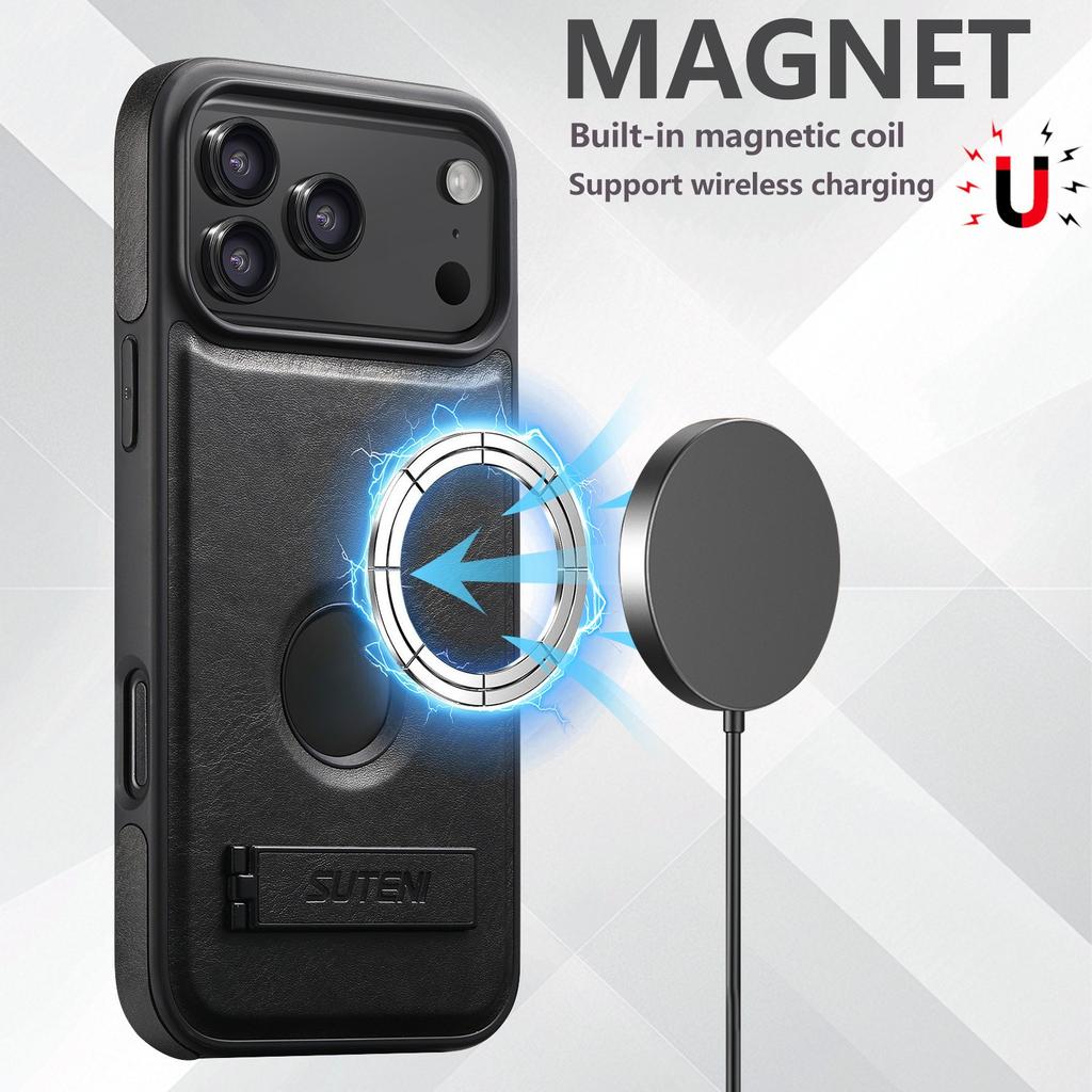 Vintage Oil Wax Leather Phone Case for iPhone 17 Pro Max Air 16 Plus 15 14 13 12 Pro Invisible Bracket Magnetic Charging Cover