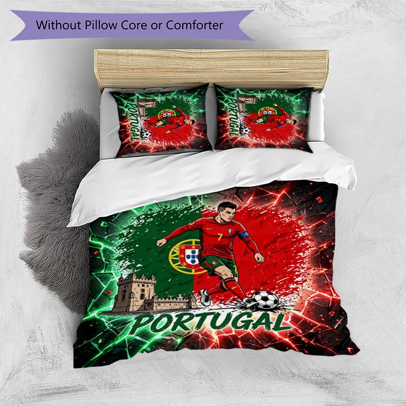 Portugal Football Printed Bedding 3 Piece Set Cozy Breathable Bed Cover Set as Housewarming Holiday Gift