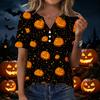 Camiseta casual de manga corta con cuello en V para mujer con botones decorativos Estampado de calabaza de Halloween Top para uso diario