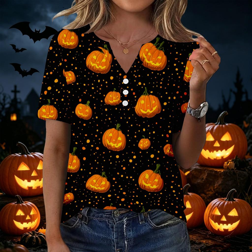 Camiseta casual de manga corta con cuello en V para mujer con botones decorativos Estampado de calabaza de Halloween Top para uso diario