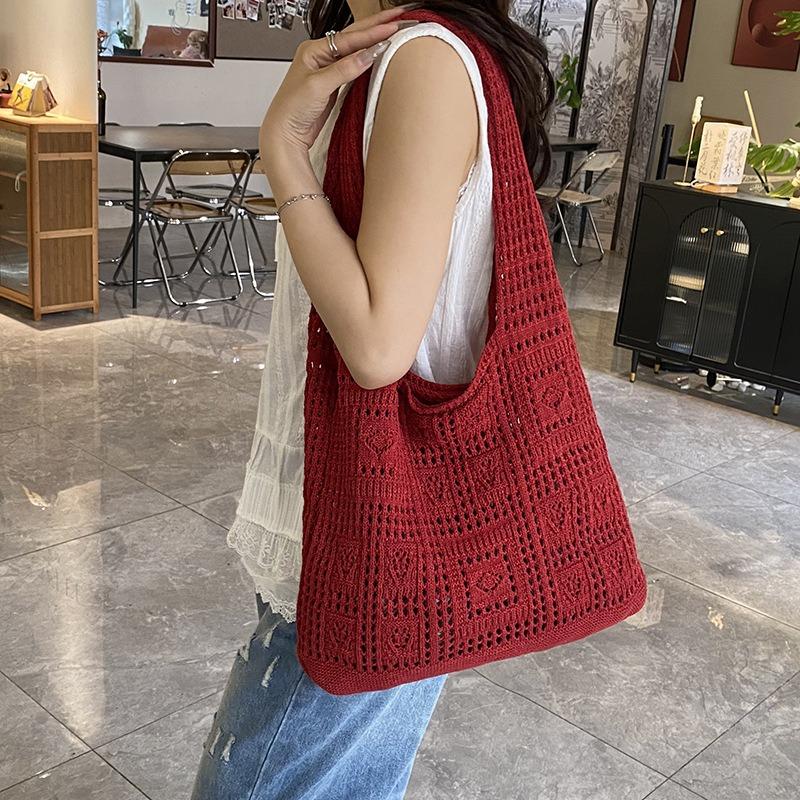 Red bag flower hollow wool lazy knitted shoulder bag women's casual large-capacity tote bag