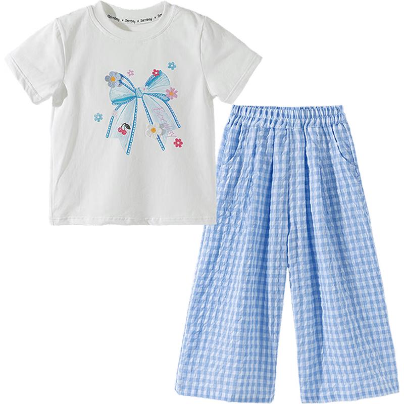 Beibeiyi Girls Summer Plaid T-shirt & Anti-Mosquito Pants Set 140/64