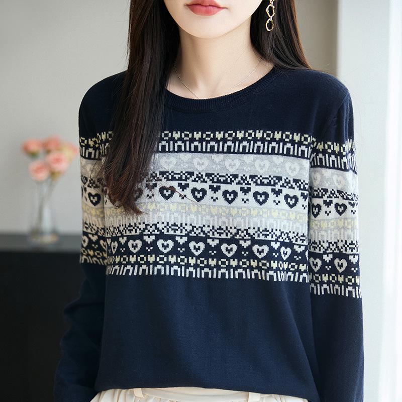 Dámský žakárový barevný blokovaný pruhovaný pletený svetr s dlouhým rukávem - Podzim/Zima Módní základní tričko s kulatým výstřihem