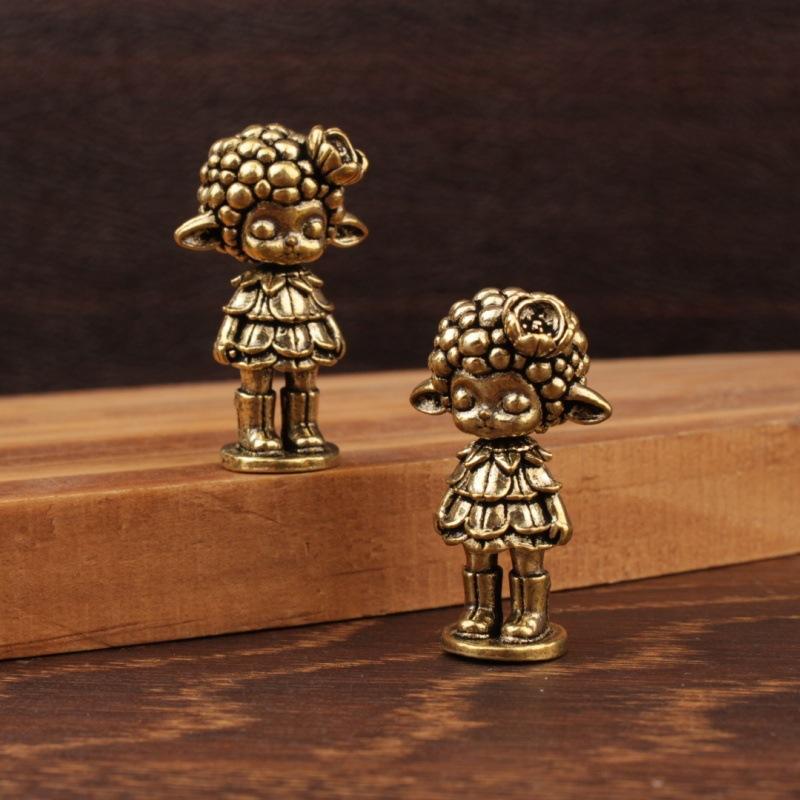 Brass Sheep Princess Figurine Retro Cute Sheep Girl Statue Flower Decor Desktop Ornament Vintage Craft Collectible Table Decor
