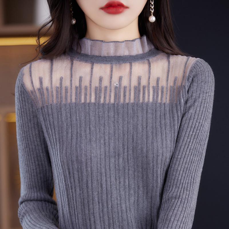 Spring and Summer Women's Short Lace Half-high Neck Lace Splicing Long Sleeve Pullover Bottoming Knitwear