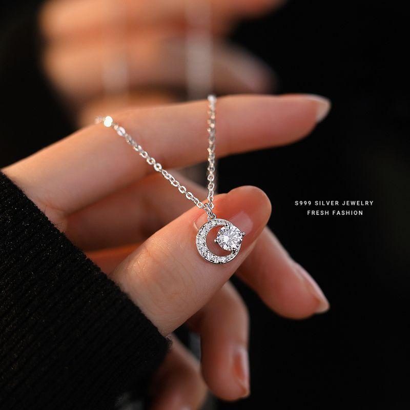 

Necklace for Women 2025 New Accessories Sterling Silver 999 Silver Necklace Niche Style Everyday Joker Summer Zircon Moon-White Gold/Zircon