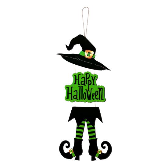 Happy Halloween Welcome Sign Witch Legs Hat Hanging Wooden Wall Decor Rustic Front Door Hanger for Porch Wall Indoor Outdoor Decor