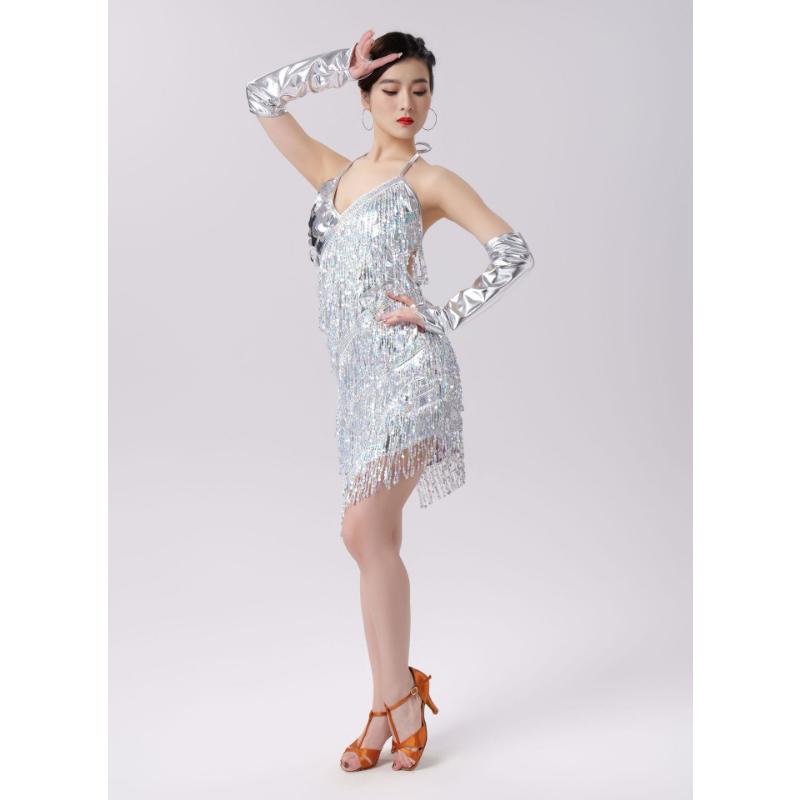 Gold Silber Damen Pailletten Abendkleid Sexy Ärmellos Quasten Club Party Karneval Kurzes Kleid Lateinischer Tanzkleid mit Ärmeln