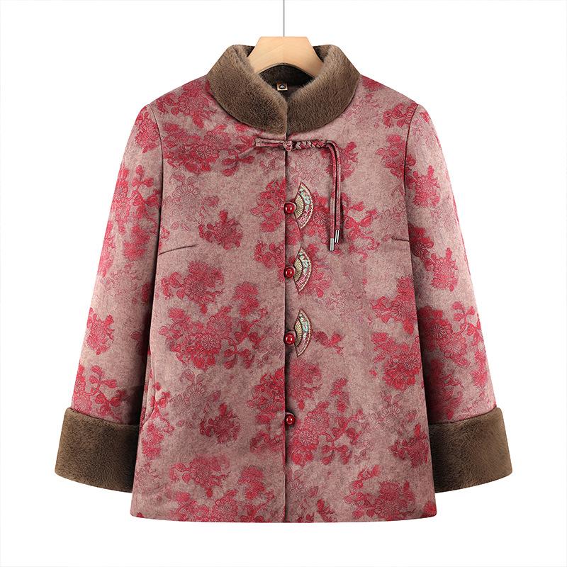 Warm Fleece-Lined Cotton Jacket for 70-Year-Old Women Grandma Tang Style