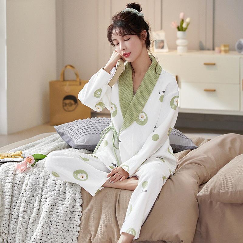 Gesteppter Langarm-Kimono-Stil Umstands- & Stillpyjama - Warmluft-Baumwoll-Cardigan Homewear
