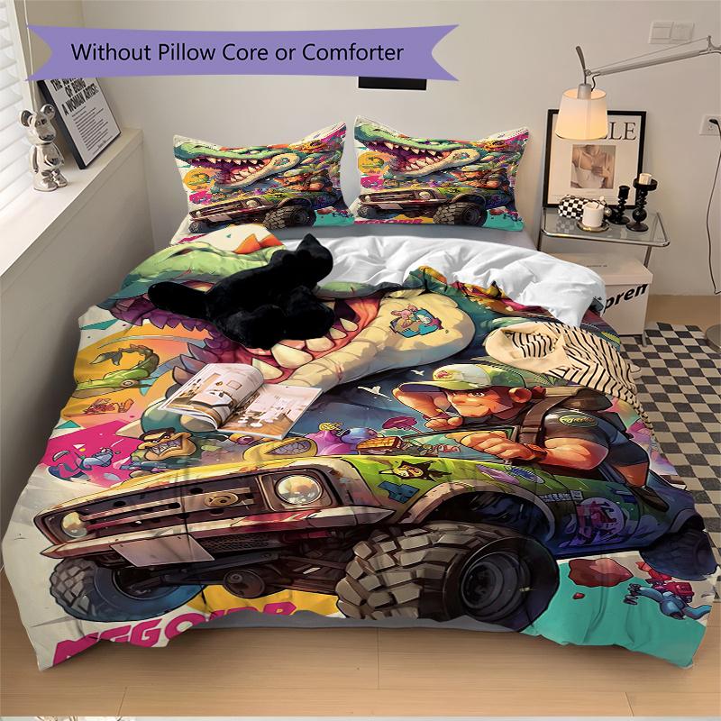 3pcs The Dino Driver's Wild Journey Print Cover Set Ultra Soft, Breathable, and Comfortable Bedding with Stylish Design for Bedroom and Guest Roo