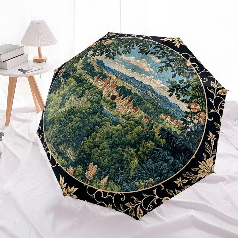 Renaissance Castle Scene Decorative PlateUmbrella with Cute Design,Portable 3-Fold Compact Umbrella for Men&Women,Valentine's Day Mother's D