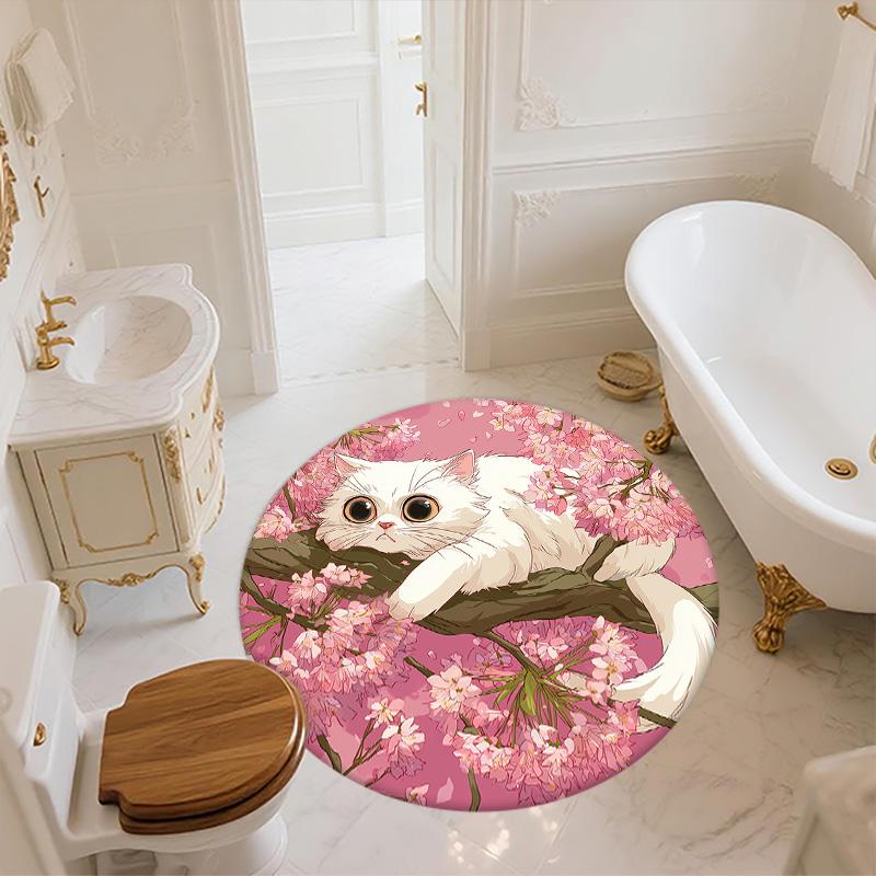 Floral Cat Round Area Rug,Carpet Rug for Living Room Bedroom Sofa Playroom Decor,Non-slip Floor Mat