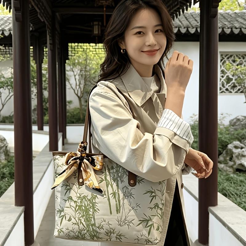 New Chinese style embroidered bamboo shoulder/handbag, retro, versatile, large capacity commuter tote bag, sophisticated commuter bag