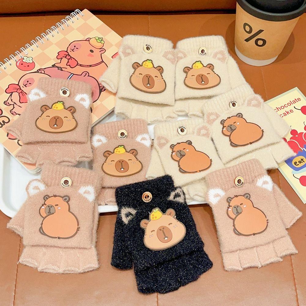 Cute Capybara Half Finger Gloves 6-10 Years Old Winter Flip Gloves New Writing Gloves Outdoor