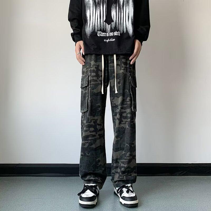 Spring and autumn trendy brand tooling camouflage elastic waist jeans boys multi-pocket design niche straight wide-leg pants