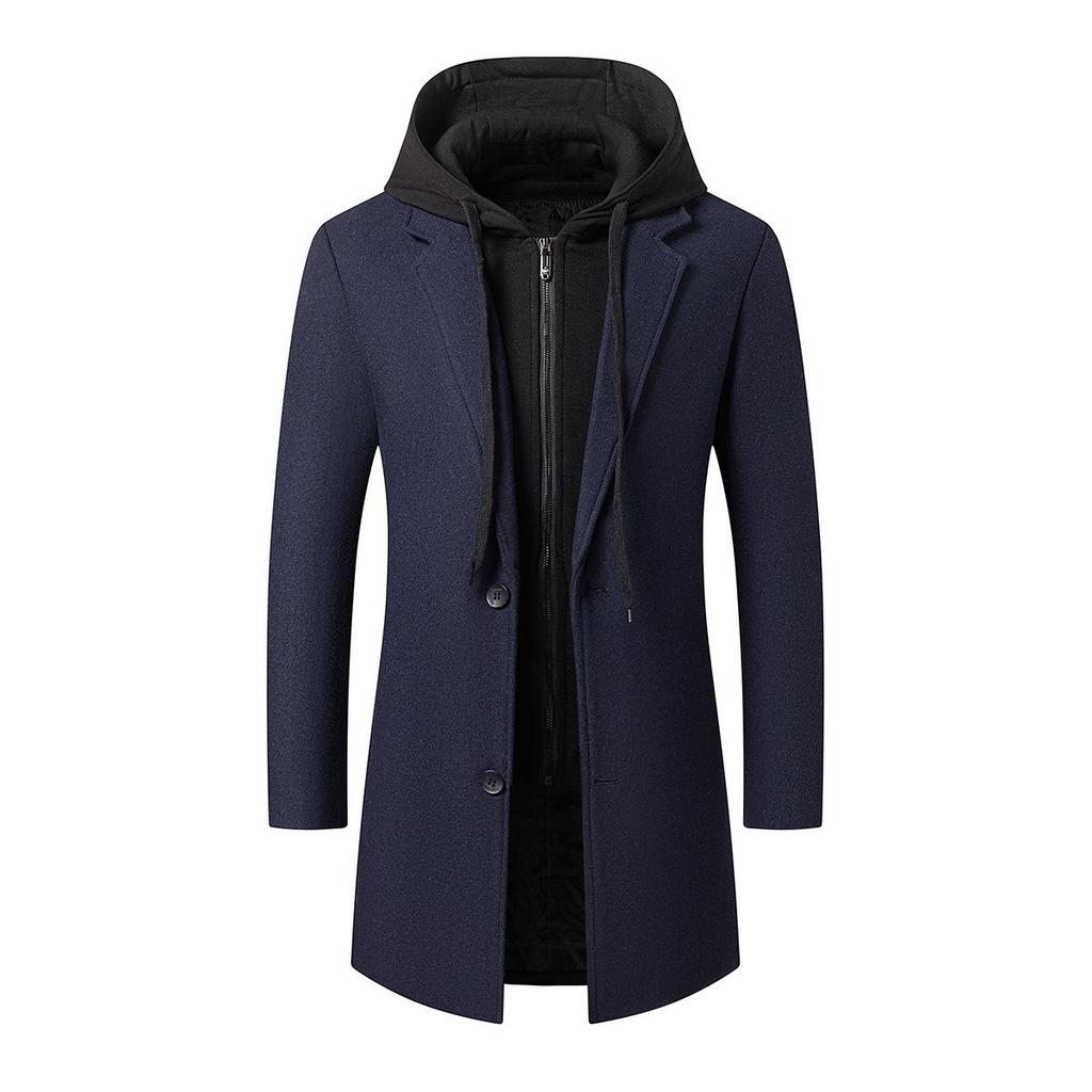 Korean-Style Men's Wool Blend Mid-Length Coat with Removable Hood