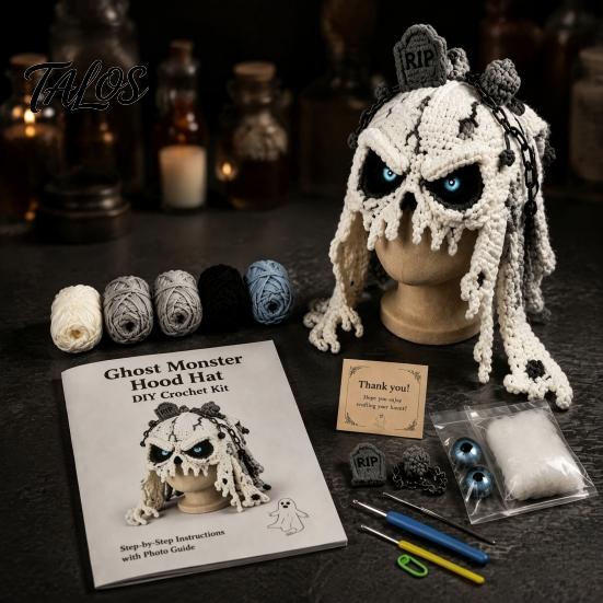 DIY Animal Hood Hat Halloween Crochet Kit, Skull Spider Bat Holiday Craft Project Spooky Pumpkin Earflap Kit for Adults Teens, Autumn Winter Creative