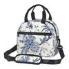 Chinoiserie Insulated Lunch Bag Blue and White Outdoor Bule Bird Flower Reusable Cooler Thermal Lunch Box with Adjustable Strap