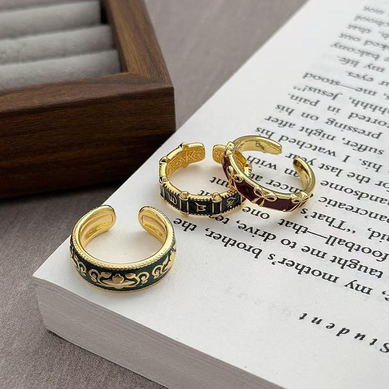 Personalized Six-Character Mantra Bow Enamel Drip Open Ring Niche Design Retro High-End Sense Stacked Ring