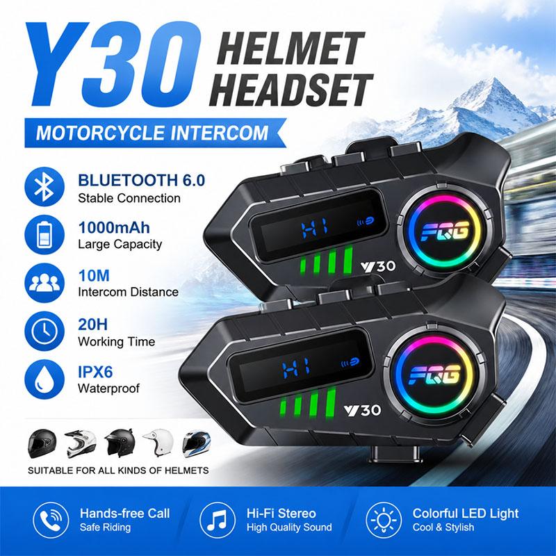 Y30 Motorcycle Intercom Bluetooth 6.0 Helmet Headset Led Light Moto intercomunicador For 2 Riders Voice Control Wireless Speaker Moto Accessories