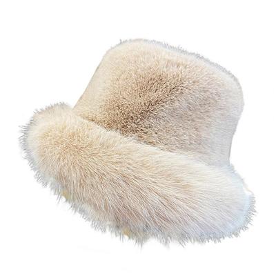 Women Winter Bucket Hat Fuzzy Plush Thickened Windproof Heat Retention Solid Color Dome Faux Fur Fisherman Hat Outdoor Cap