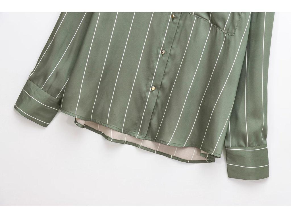 European & American 2025 Women's Silk Satin Color Block Striped Shirt - Long-Sleeved Niche Design for Spring & Autumn