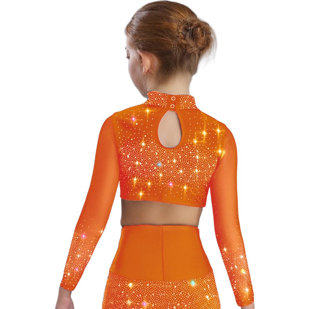 Dívčí průhledný síťovaný crop top s dlouhým rukávem a rolákem, lesklé kamínky, klíčová dírka vzadu, kostým pro lyrický tanec
