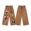American Vintage Denim Wide Leg Jeans Couples Loose Straight With Dachshund Dog Embroidery Casual All Season Pants