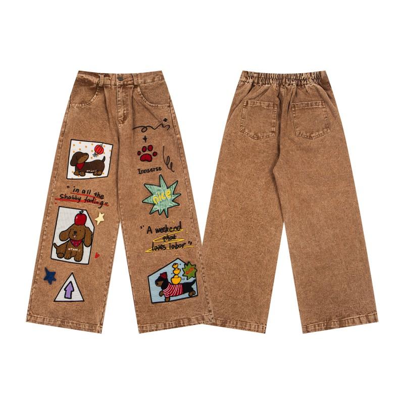 American Vintage Denim Wide Leg Jeans Couples Loose Straight With Dachshund Dog Embroidery Casual All Season Pants