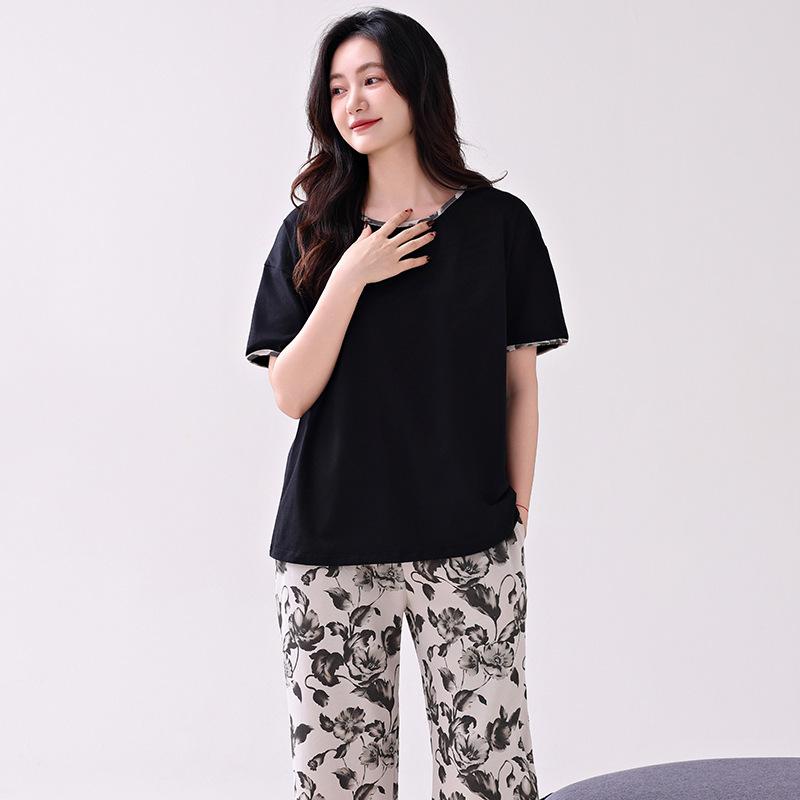 Pajamas with Chest Pads Women's Pure Cotton Short-sleeved Cropped Pants Summer Thin Cotton Summer Large Size Black Loungewear Set