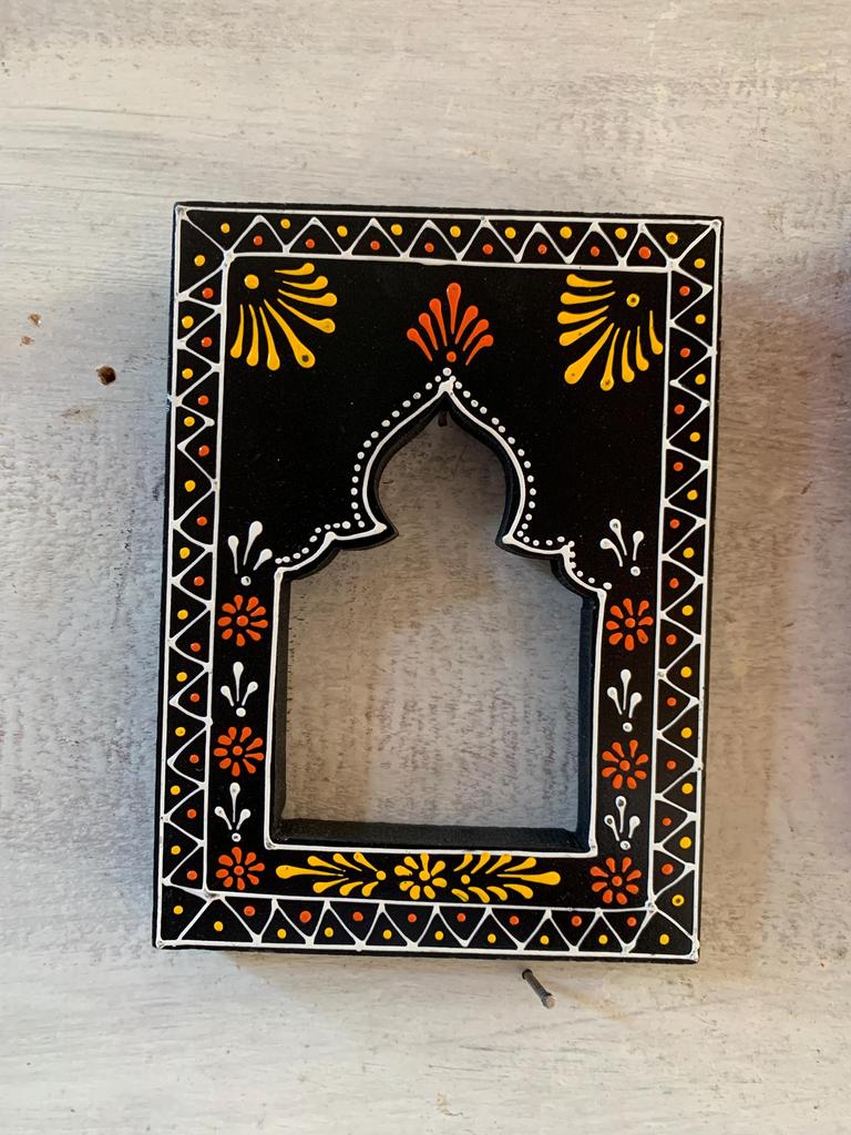 Hand-Carved Wooden Mehrab Wall Frame: Rajasthani Painted Jharokha (Set of 4)