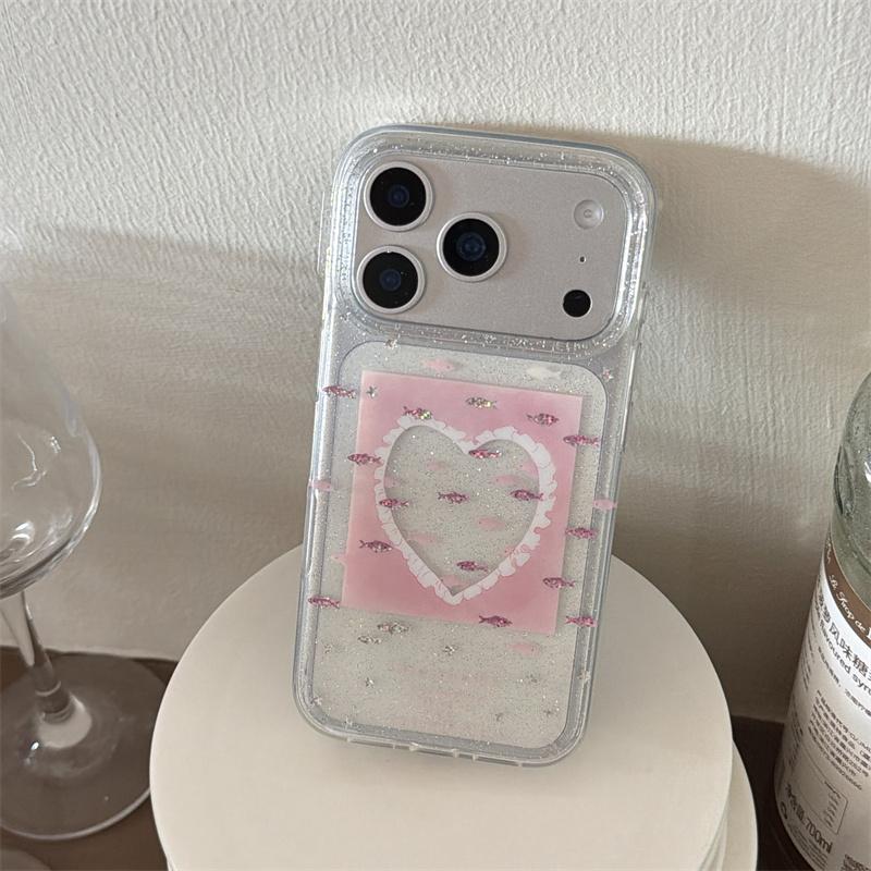 Kawaii Pink Heart Lace Fish Print Glitter Clear Phone Case For iPhone 15 16 17 Pro Max INS Sweet Coquette Style Large Window Sho